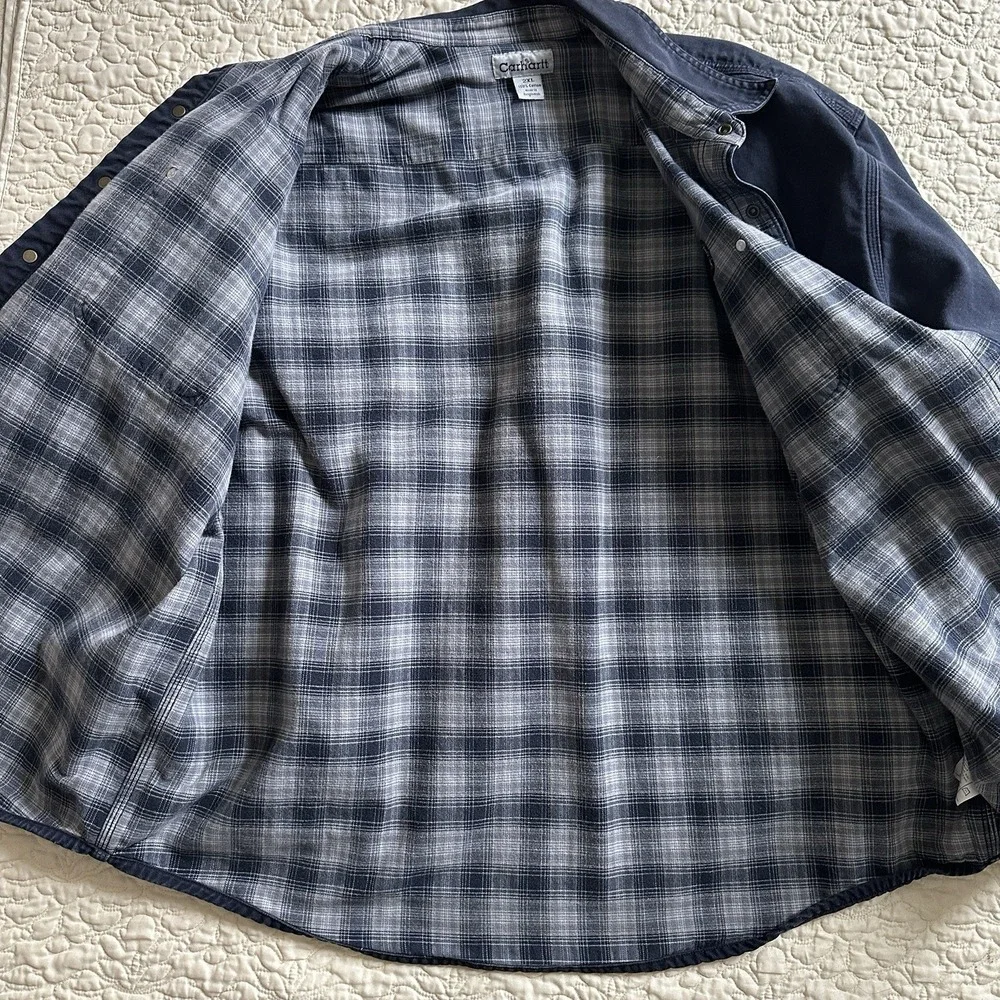 Carhartt‎ Shirt Jacket Men's 2XL Navy Blue Canvas Flannel Lined CDM Logo Company